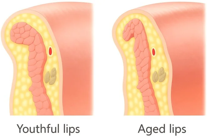Comparación esquemática en corte de un labio joven y uno envejecido.