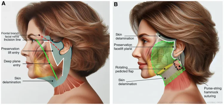 Lateral schematic showing deep plane entry, the frontal branch course and skin delamination.